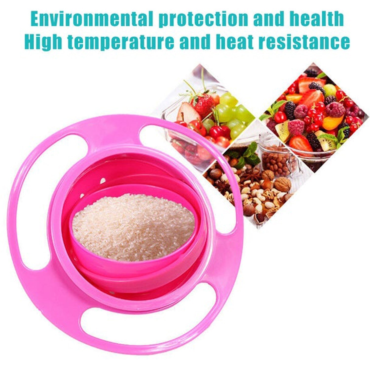 Versatile rotating baby bowl for safe and easy food serving to young children. Versatile rotating baby bowl for safe and easy food serving to young children.